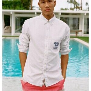 NWT American Eagle Size M Distressed Oxford Button Up Shirt Embroidered Tennis